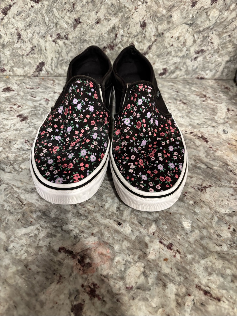 Vans Black Floral Slip-On Sneakers with Pink & Purple Accents